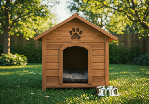 Charming wooden doghouse in sunlit garden with metal bowl