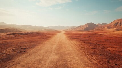 Naklejka premium Arid Desert Landscape with Winding Road Under Warm Sunlight