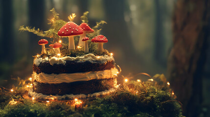 Naklejka premium Dark Fantasy Cake with Red Mushrooms and Ambient Lights 