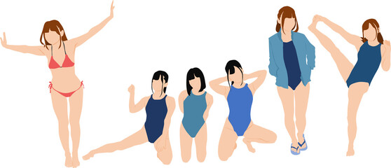 ポーズをとる水着を着た女性のイラストセット