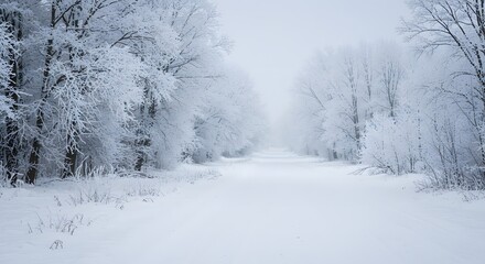 Obraz premium Snow Covered Road Through Forest Trees on a Cold Winter Day
