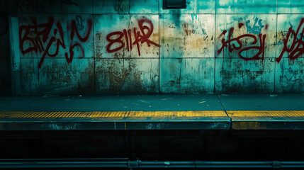Urban decay backdrop of a subway platform with graffiticovered wall, textured concrete, and a vibrant yellow safety line.