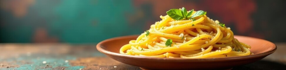 Long strands of al dente spaghetti against a colorful Italian background, alldente,, italianfood