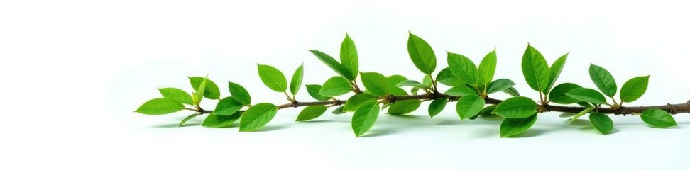 Fototapeta premium Long tree branch with leaves isolated on white surface, branches on a surface, greenery, leaves