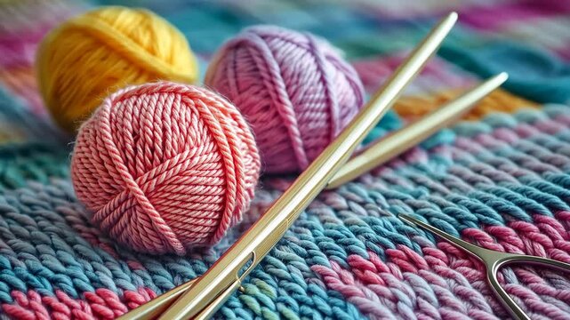 Colorful yarn balls and knitting tools arranged on a cozy surface in a craft setting
