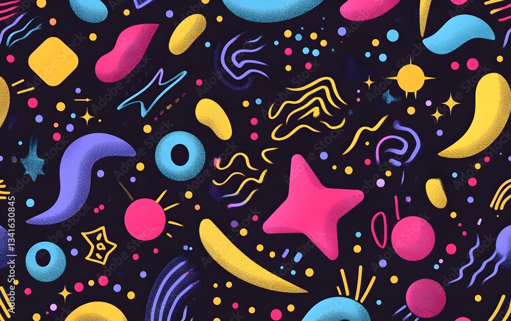 Poster retro 80s inspired pattern with neon geometric shapes, squiggles, and abstract elements on a dark ba