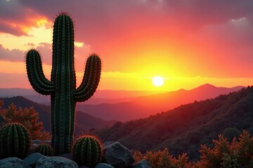 Prickly Cactus against a sunset sky with warm orange hues, cactus, orange hues