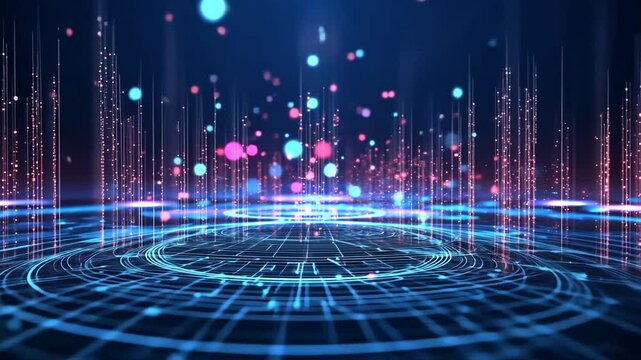 Futuristic abstract background with glowing particles and circular gridlines