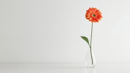 Obraz premium Elegant Minimalism: Bright Orange Gerbera Daisy in a Clear Triangular Vase on a Crisp White Background—A Vibrant Study of Nature’s Beauty and Simplicity