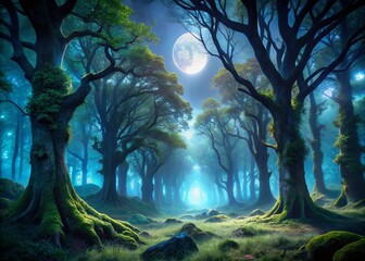 Mystical Night Forest: Pristine Nature Illuminated by Moonlight