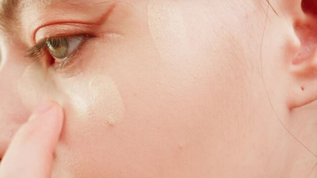 Eye shadow makeup to the upper eyeliner, close-up. Makeup artist applies a bright eye shadow with a makeup brush.Tutorial master class of professional makeup. 