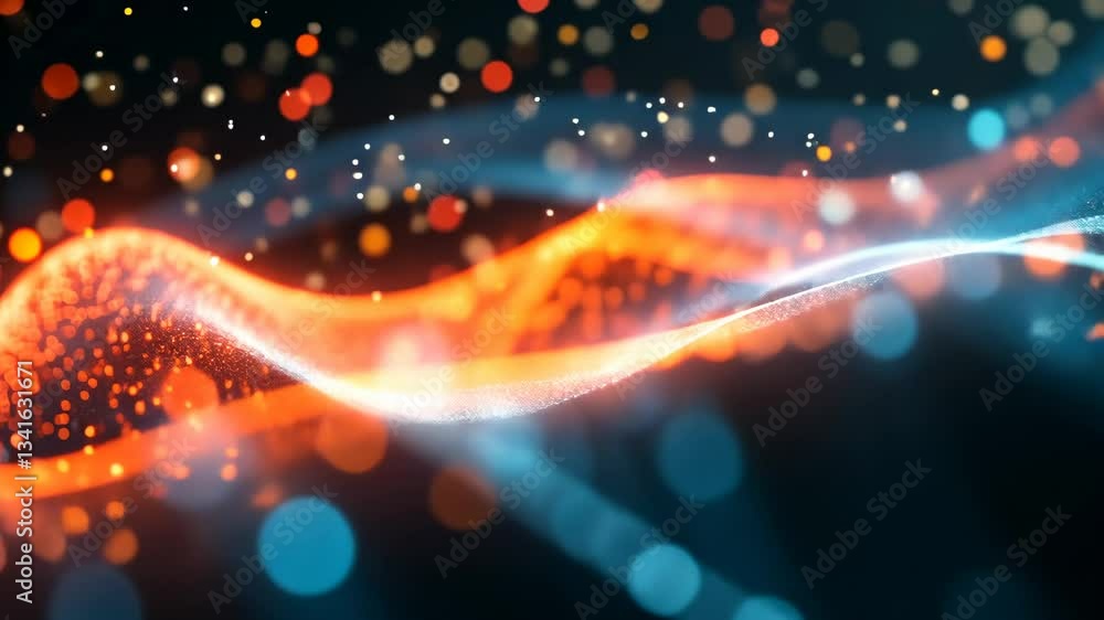 Poster abstract digital waveform with orange and blue particle effects with bokeh lighting on black backgro