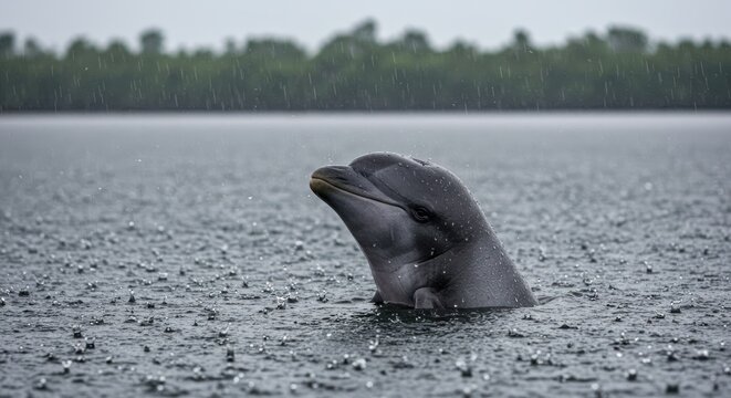 An Irrawaddy Dolphin Emerging From the Water, Its Round Head Glistening With Raindrops as Soft Rainfall Creates Thousands of Tiny Ripples Across the Surface