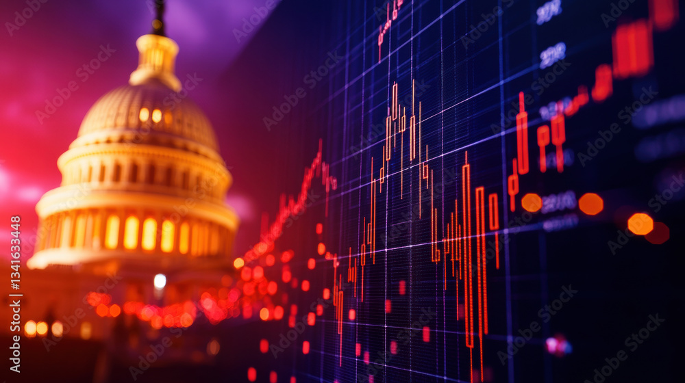 Poster image captures iconic structure of capitol building with backdrop of financial data