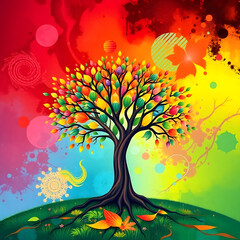 Wallpaper design a bright, vibrant tree of life illustration in abstract art style, creating a lively and energetic abstract background scene art illustration design