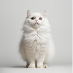 Majestic white cat with striking blue and amber eyes, standing gracefully against a plain backdrop