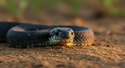 Obraz premium N Amblyodipsas Snake Peeks Out From a Sandy Burrow, Its Glossy Head Emerging From the Shadows of the Dry African Savanna_