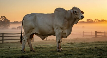 Powerful Brahman Bull Standing Tall on a Grassy Hill as the Golden Sunrise Paints the Sky With Warm Hues of Orange and Pink_