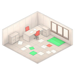 Fototapeta premium A minimalistic office space featuring a desk, chair, filing cabinet, and colorful rugs on the floor.