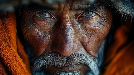 Close up of a Sherpa elders face his weathered skin and deep set eyes reflecting a lifetime spent in the harsh Himalayan environment captured with prime lens