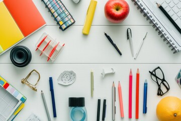 Office supplies on desk with bright light and negative space