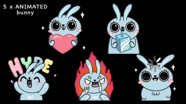 Animation of the 5 bunny emotes, with heart, drinking, on fire, hype, uploading