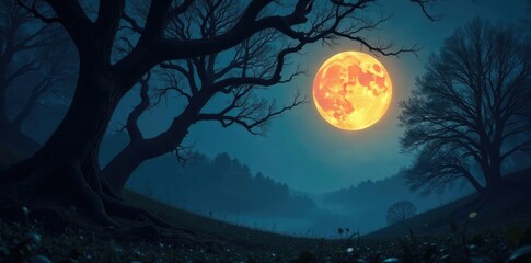 Fototapeta premium Twisted branches stretch towards a glowing full moon, forest, darkness