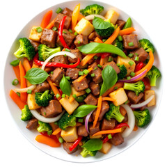 Colorful Vegan Stir Fry With Vegetables, Cheese Cubes, and Fresh Herbs
