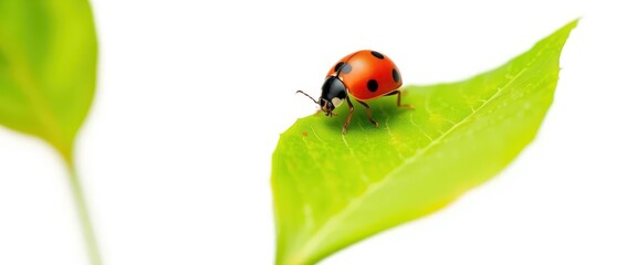 Fototapeta premium Close-up of a ladybug perched on a vibrant green leaf, isolated against a pure white backdrop, white background, ecology