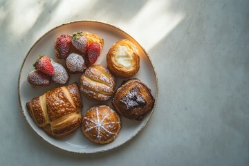 Obraz premium Pastries on plate with soft window light and space for text