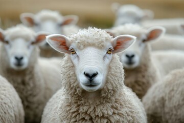 Fototapeta premium close-up of a flock of sheep grazing in a serene countryside setting under a cloudy sky