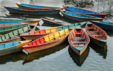 Brightly painted coloured boats all together on Lake Phewa