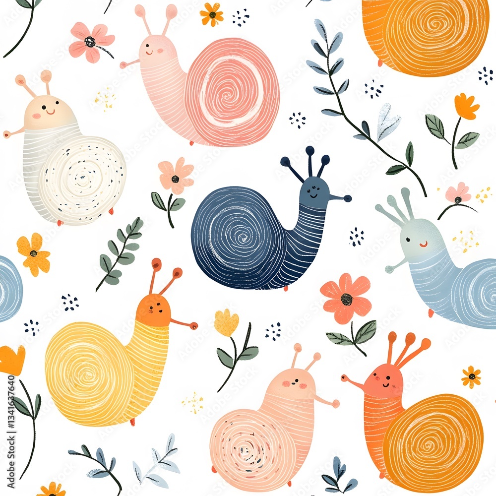 Poster a repeating pattern of cute pastel snails with tiny flowers on their shells.