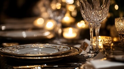 Elegant close-up of a fine dining table setting with candlelight