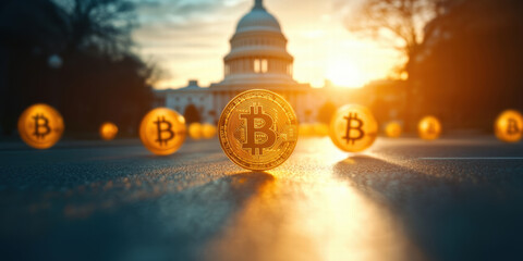 golden cryptocurrency coin stands prominently foreground, symbolizing intersection of finance
