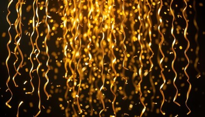 Golden confetti raining down, shimmering against dark background, rain, glamorous