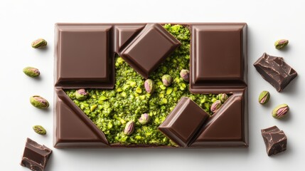 Dark chocolate bar broken open to reveal vivid green pistachio paste filling with scattered pistachio nuts and additional chocolate pieces nearby