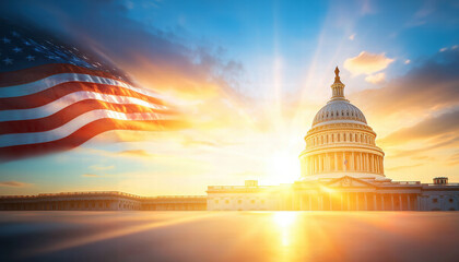 Obraz premium sun rises behind iconic structure of Capitol building, symbolizing hope and unity united