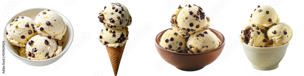 Poster on a transparent background, a lone scoop of chocolate chip ice cream is prominently displayed, cour