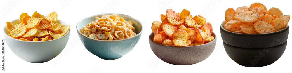 Poster isolated on a transparent background, a white bowl filled with caramel cornflakes has been generated
