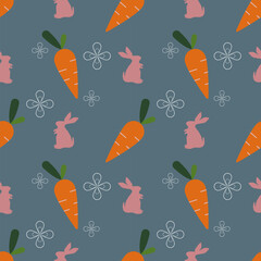 Happy Easter, decorated geometric style Easter card, banner. Bunnies, Easter eggs, flowers and basket. Modern minimalist design