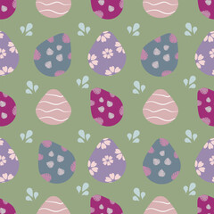 Happy Easter, decorated geometric style Easter card, banner. Bunnies, Easter eggs, flowers and basket. Modern minimalist design