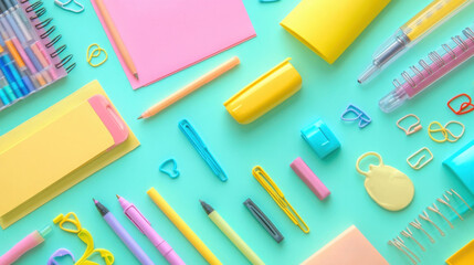 A flat lay of a colorful stationery collection, featuring pens, highlighters, notepads, and paper clips on a bright desk.