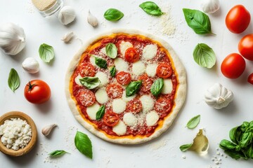 Pizza ingredients flat lay with bright light and space for text