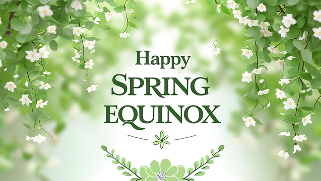 Happy Spring Equinox Graphic Elegant Pastel Design with Floral Accents and Soft Green Tones