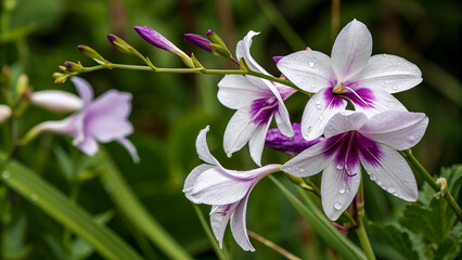 Naklejka premium Close-Up of White and Purple Flower with Blurred Green Background