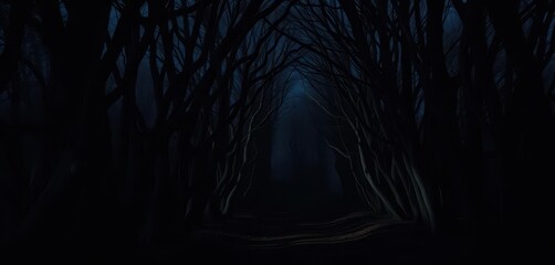 Obraz premium Shadowy trees, gnarled branches, spooky forest path at night, silhouette, stock