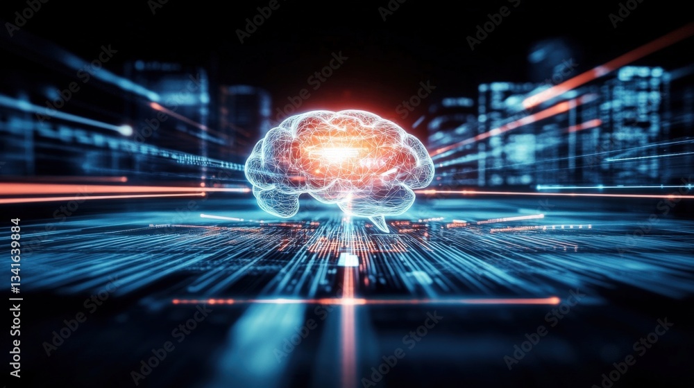 Poster exploring ai brain concepts urban setting digital artwork futuristic environment high-tech viewpoint