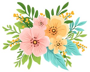 Colorful flowers bouquet with leaves and yellow background for design