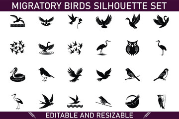 Migratory Birds Silhouette Set Editable, Resizable Vector Graphics